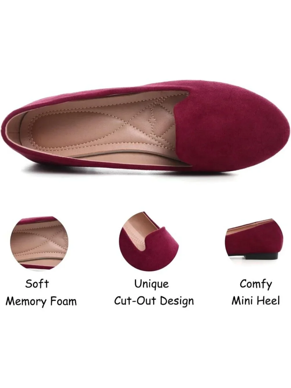 Women's Burgundy Round Toe Comfortable Low Heel Slip On Loafer Ballet Flat Shoes